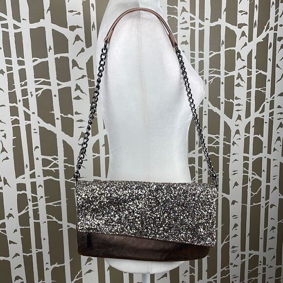 Express Rose Gold and Glitter Fold-over Chain Strap Shoulder Bag Clutch - Picture 2 of 10